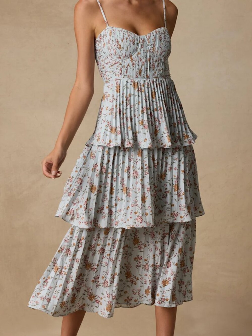 Lulu's Blue Floral Print Tiered Bustier Midi Dress